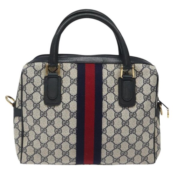 GUCCI GG Supreme Sherry Line Hand Bag PVC Leather Navy Red - Picture 3 of 16